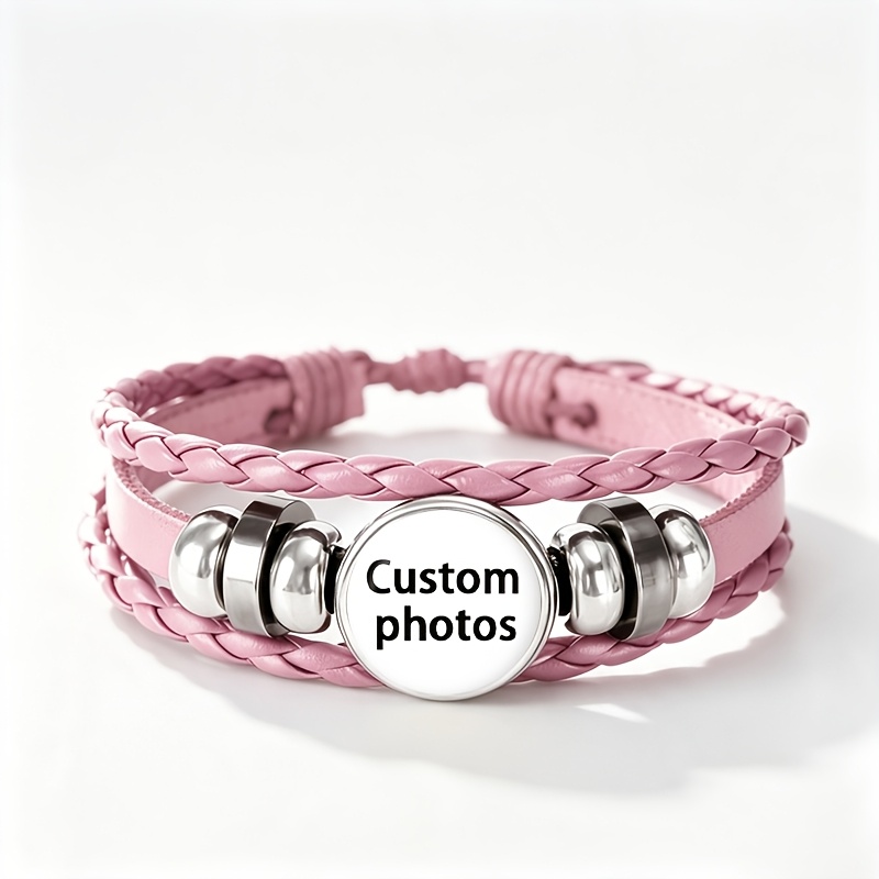 TEMU 1pc Pink Adjustable Woven Women's Bracelet, Custom Photo , Custom Family, Friend, , Couple Photo, Classic Cute Color, Exquisite Gentle Style