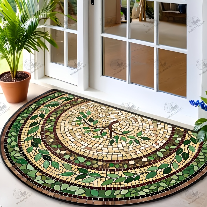 TEMU 1pc 2d Flat Printing Flannel Material Door Mat, Outdoor Courtyard Door Mat, Ethnic Style Doormat - Semicircular, Washable Leaf Print, Suitable