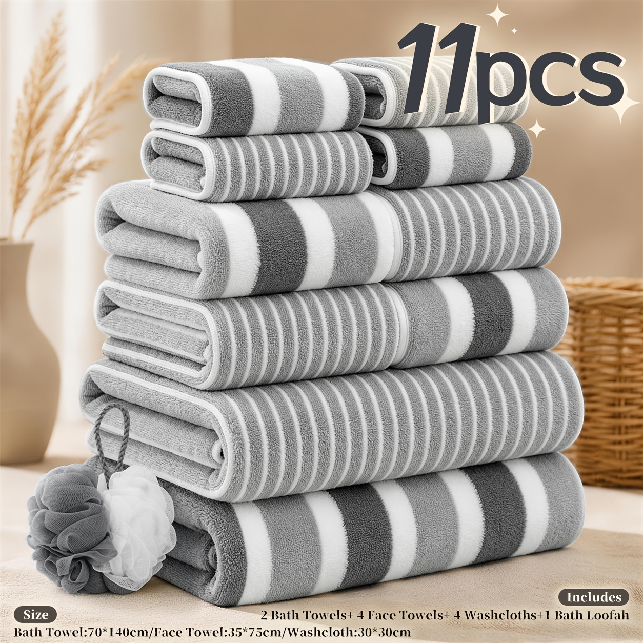 TEMU 11pcs/3pcs Towel Set, Microfiber Adult Bath Towels, Absorbent And Quick-drying, Includes 2/1 Bath Towels, 4/1 Hand Towels, 4/1 Washcloths, And 1