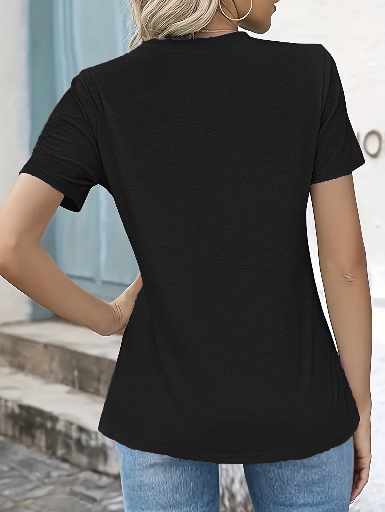 Women'S Casual Summer T-Shirt - Solid Color, Round Neck, Short Sleeve, Comfortable Loose Fit, Dark Blue, Polyester Blend, Machine Washable, Casual Summer Wear | Round Neck Tshirt | Texture
