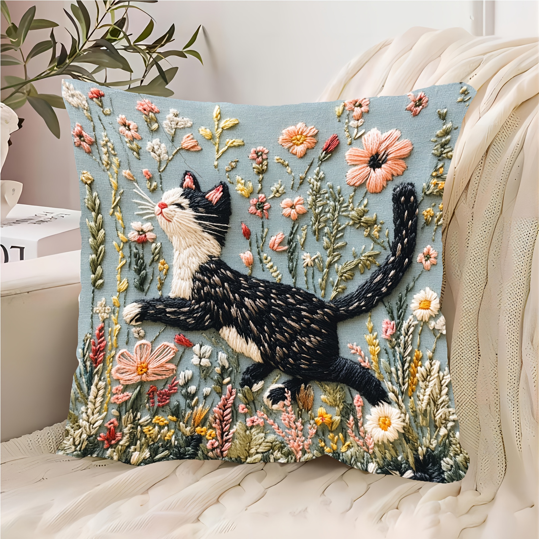 

1pc Vintage Style Embroidered Cat Pillow, 18x18 Inches, Geometric-patterned Polyester, Hand Wash, Zipper Closure, Decorative Cushion For Sofa, Living Room, Bedroom, Office - No Insert