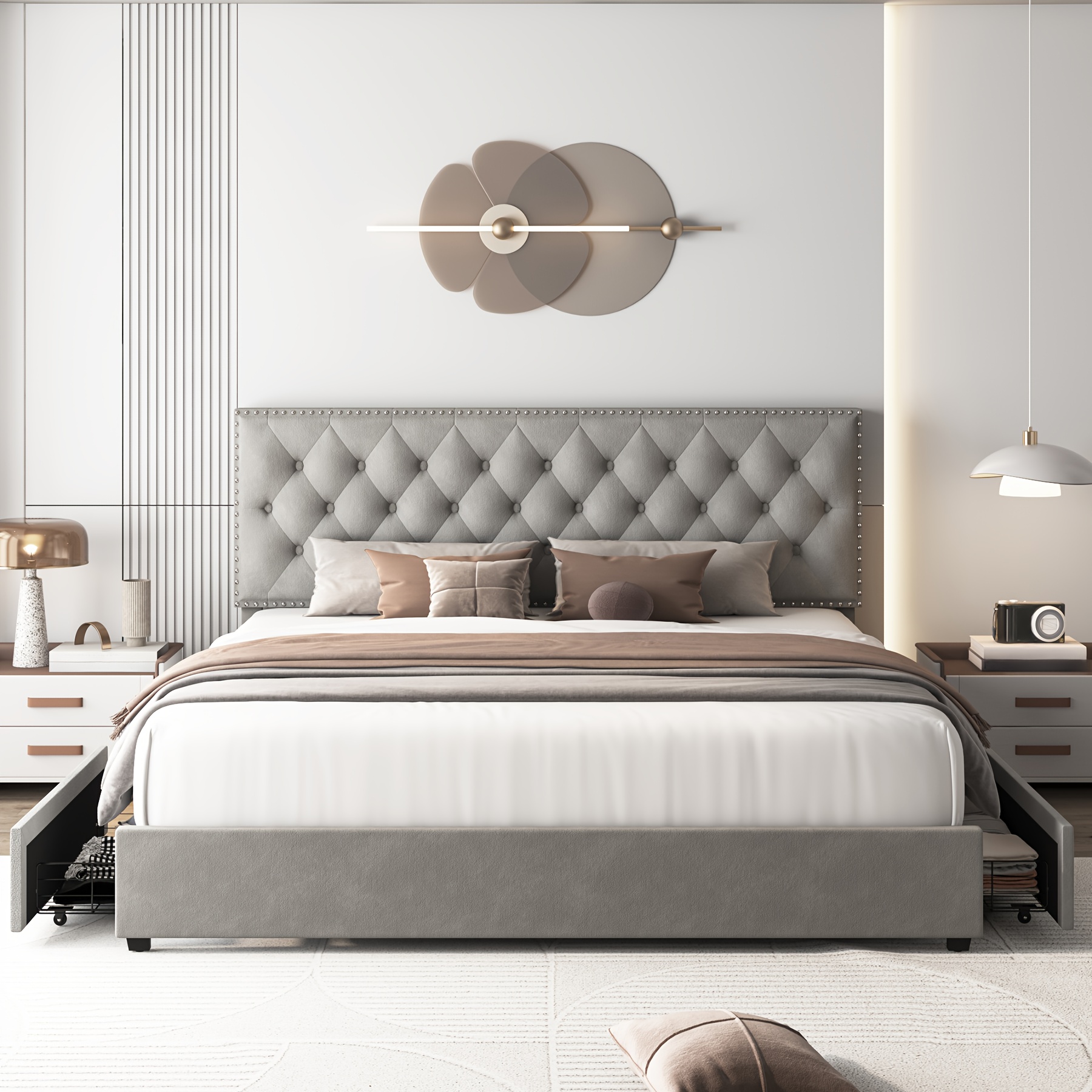 TEMU Fultru Modern Upholstered Platform Bed With Adjustable Headboard, Button Tufted Bed Frame With Wood Slat Support, Spring Needed