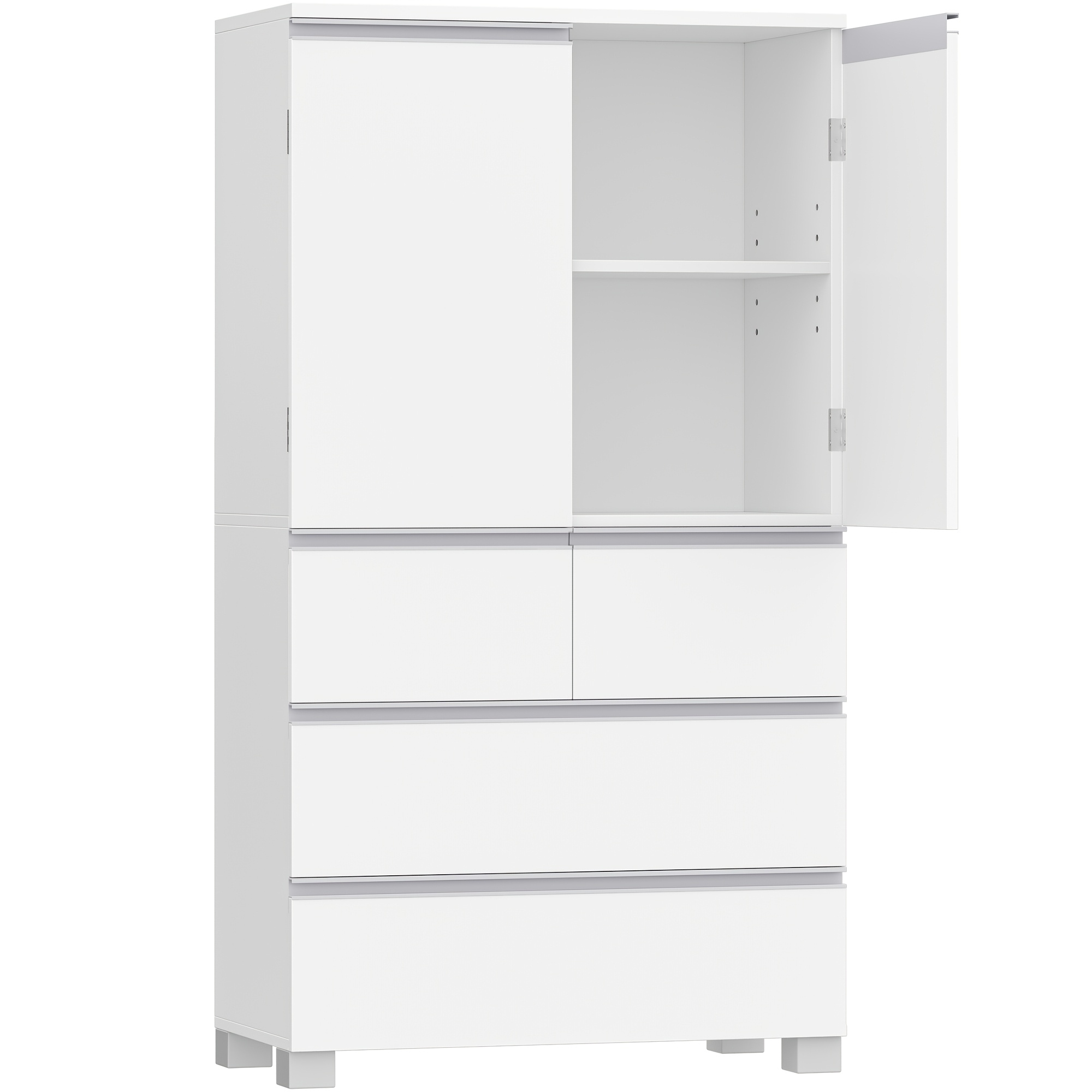 Modern White Freestanding Storage Cabinet With Sliding Doors & Double Door Four-drawer - Adjustable Shelves Suitable For Bathroom, Kitchen, Medicine Cabinet, Cabinet With Non-slip Feet, Wood, Space-