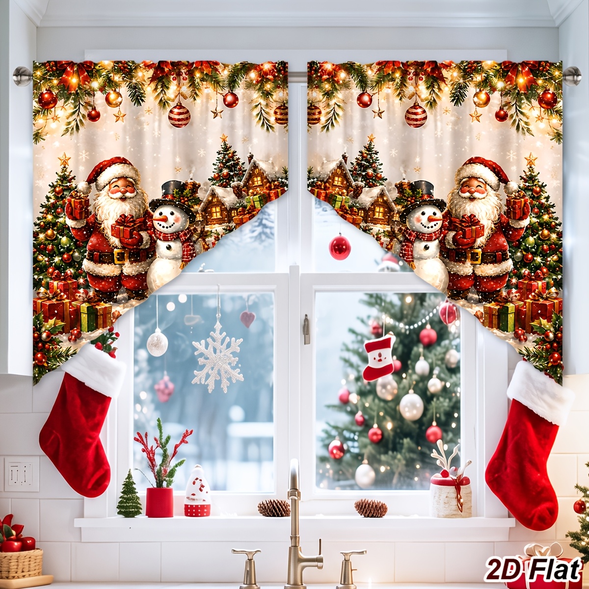 TEMU Plat 2D, 2 pièces, Style plat 2D, Rideaux de Noël, avec Père Noël, Boîte Cadeau et de Neige avec Volants, Rideaux de Décoration d'Intérieur pour