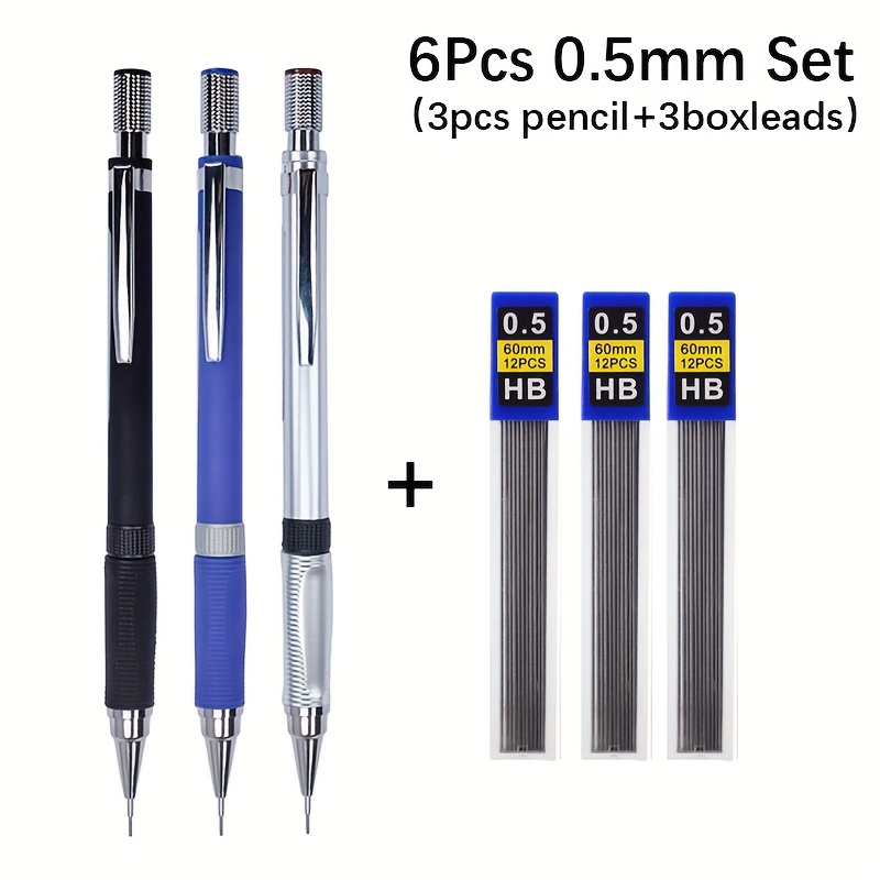 6pcs/set 0.5 0.7 2.0mm Classic Plastic Movable Pencils Blue Silvery Black Pen Body Very Suitable For Writing And Drawing (3pcs Pencils And 3pcs Pencil Lead Included)