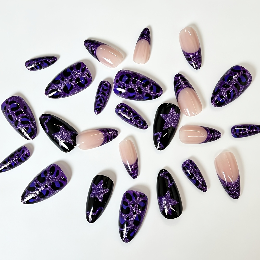 TEMU 24pcs Almond-shaped False Nail Patches - Halloween Horror Black Nails - Designs Include With Print, Purple- Nail . This Full Coverage Artificial