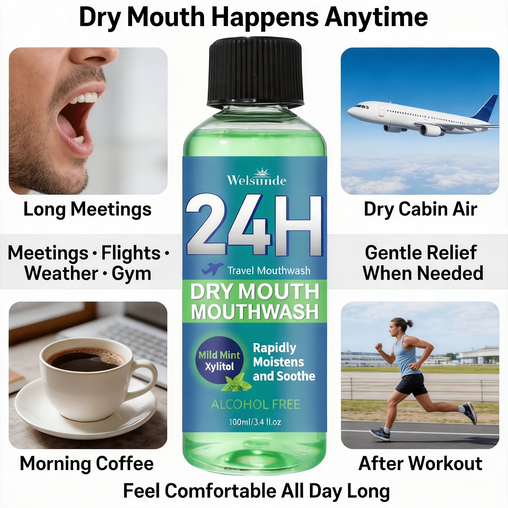 24H Dry Mouth Mouthwash - Rapidly Moistens And Soothes with a Minty Taste, Contains Xylitol, Helps Maintain Oral Comfort, Long-Lasting Oral Comfort, Travel Mouthwash, No Oral Irritation, Natural Ingredients for Daily Oral Care, Suitable for Everyone