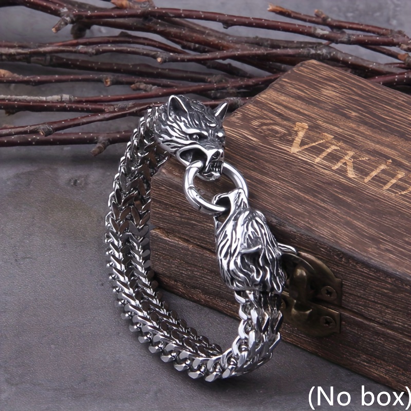 Image of Never Fade Rock Viking Wolf Charm Bracelet Men's 304 304 Stainless Steel Mesh Chain Silvery Color Wolf Punk Bracelets Biker Jewelry