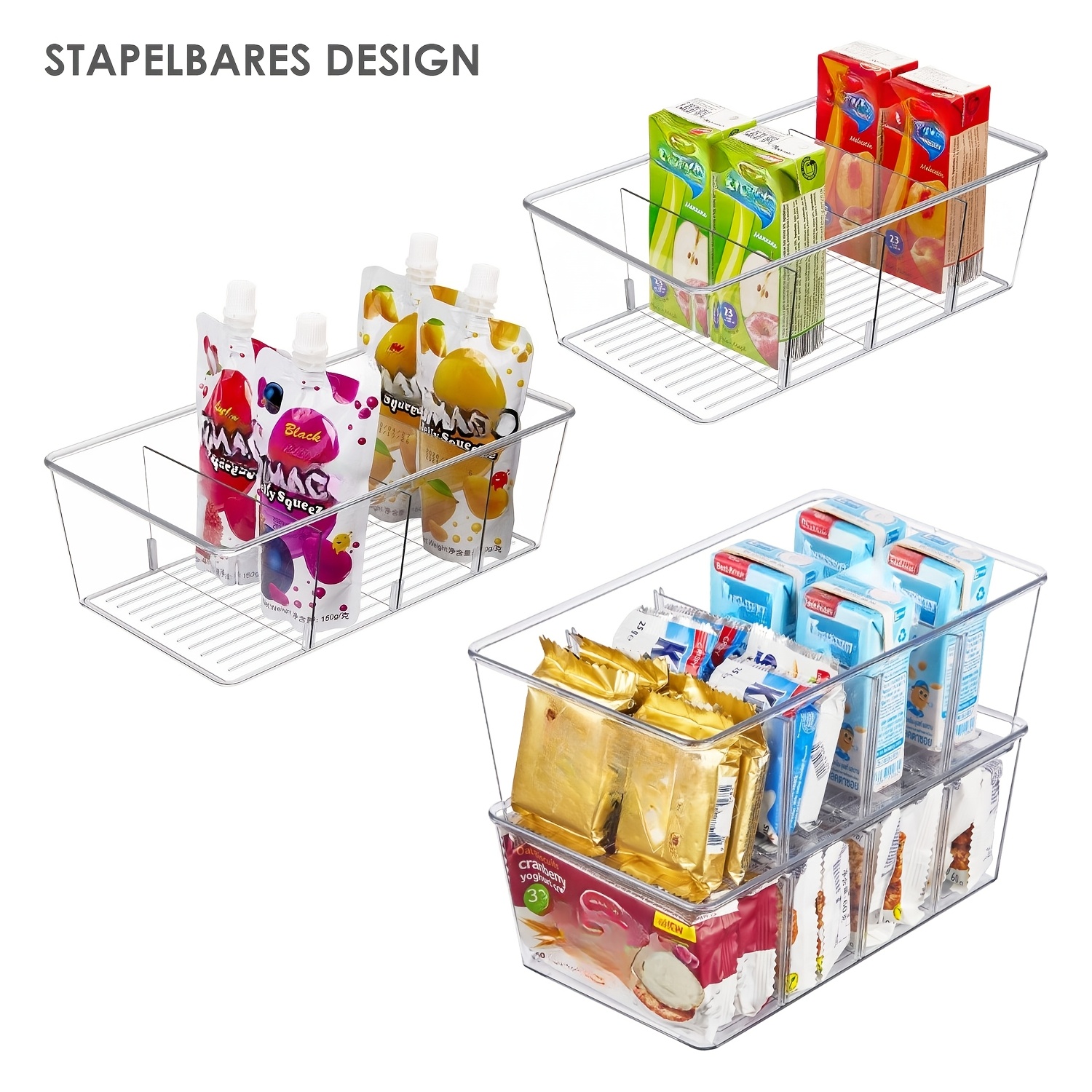 E-shop Kühlschrank Organizer mit 4 Fächern, stapelbare Küchen Aufbewahrungsbox für Teebeutel, Snacks, Gewürze