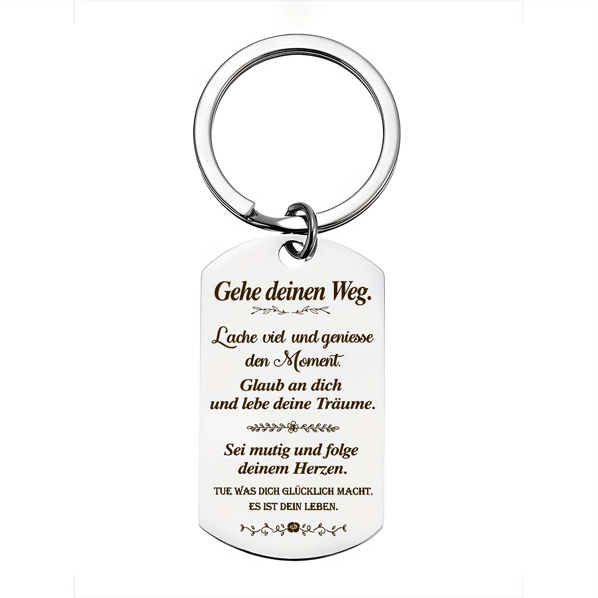 A Stainless Steel Military Dog Tag Keychain In German, Featuring ' Your Own Path, In Yourself, And Your Heart.' The Perfect Keychain Birthday Gift For , , Brothers, And .