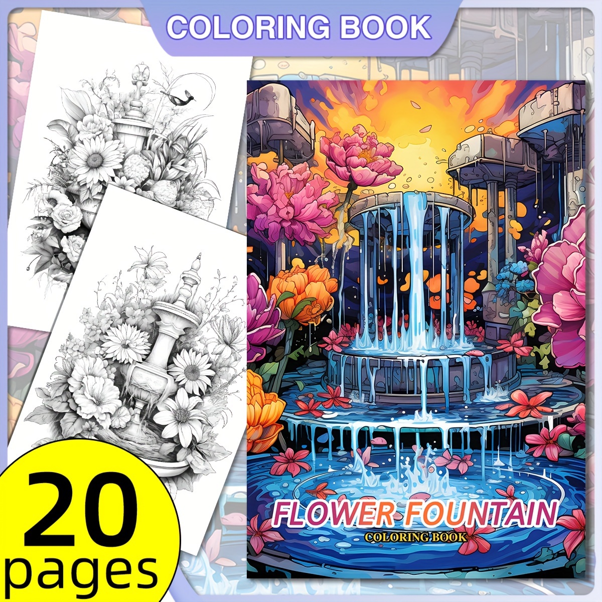 

Flower Fountain Coloring Book For Adults - 6.7x9.8" Thick, 20-page Design | Creative Gift Idea For Friends, Couples & Family