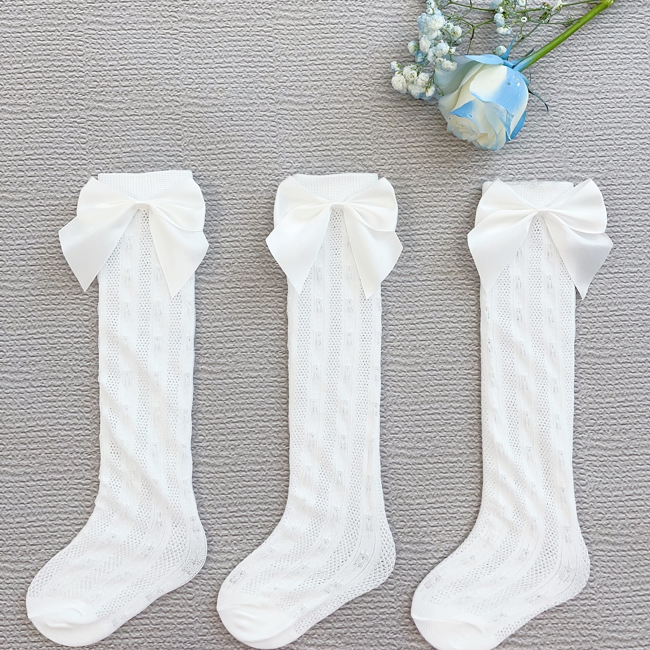 Image of 3-pair Girls' Mid-calf To Knee-high Socks, Long Stockings For Back-to-, Daily Wear With Skirts And School Uniforms, White Hand-sewn Bow Socks,fall And Winter Clothes