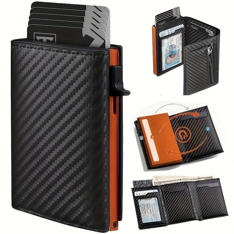 Stilfull Pop-Up Plånbok Svart Kolfiber + Orange Aluminium Kreditkortshållare, Kolfiber Mikrofiber Syntetiskt Läderfack och RFID-blockerande Metallbankkortsöverdrag Myntpung, Passar för Män och Kvinnor, Födelsedagspresent