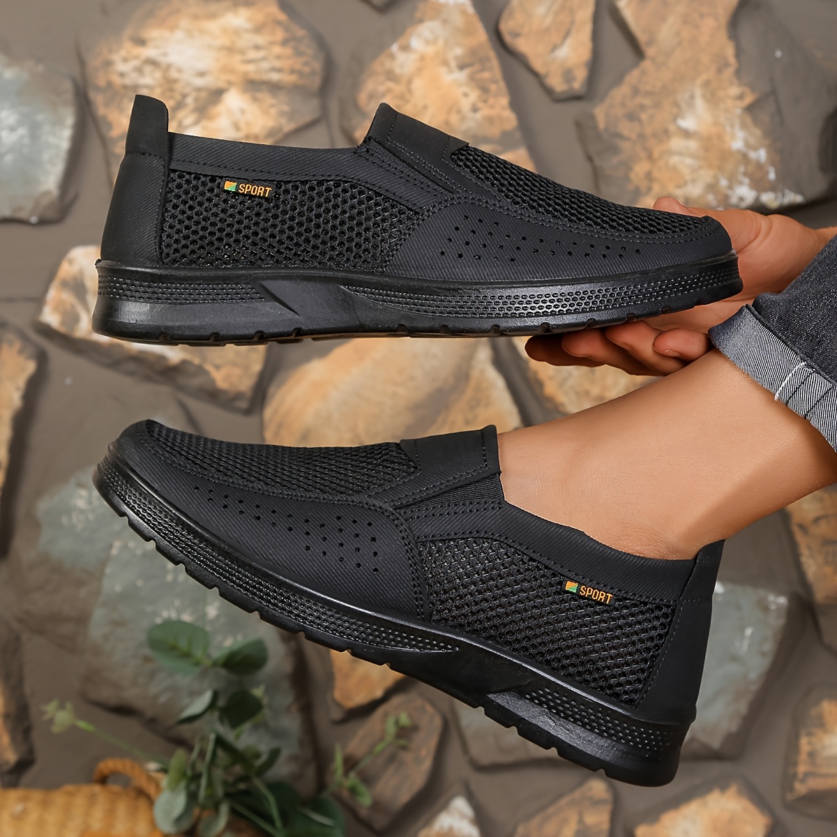 TEMU Men's Mesh Breathable Slip-on Shoes, Comfortable For Casual Daily Commuting, Pu Thick Sole