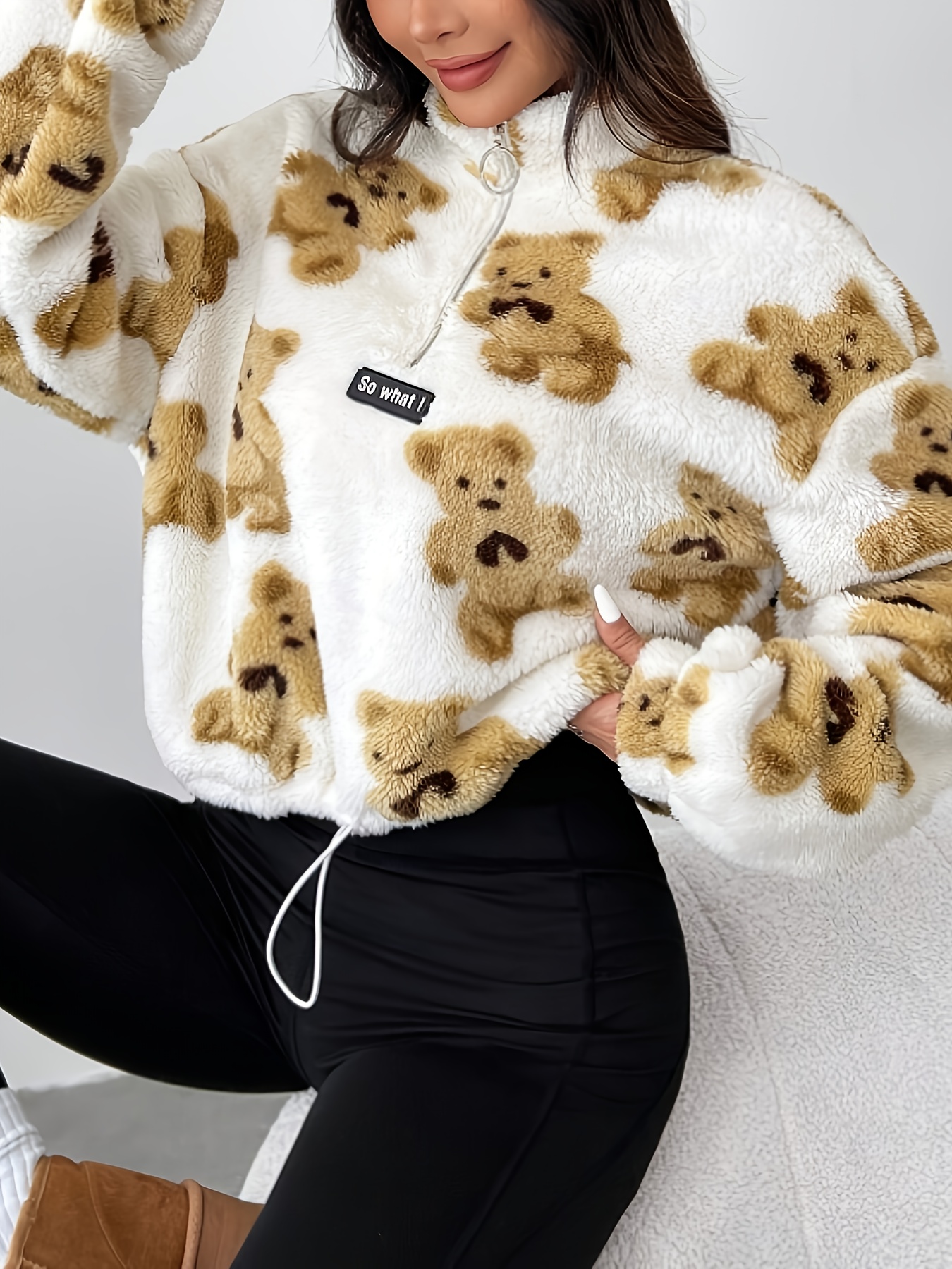 womens new cartoon teddy bear pattern plush half zipper shirt