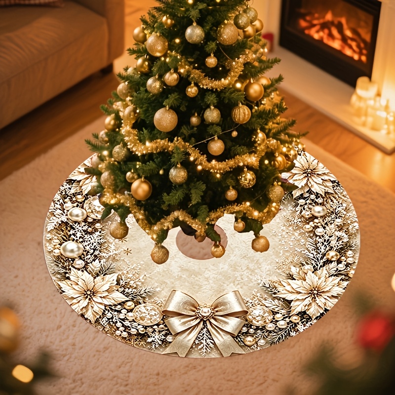TEMU 1pc Christmas Tree Skirt, Golden Christmas Tree Skirt, Light Luxury Pearl Christmas Pad, Decorated With Snowflakes And , Elegant Decor, Suitable