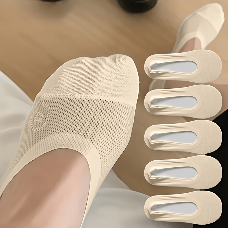 Image of 5-pair Women's Apricot Non-slip Socks - Breathable Mesh /crew Socks Suitable For Sneakers,,, | Solid Color Sole, Comfortable For Daily Wear & Athletic Activities