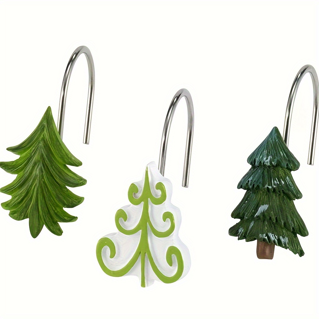 

12pcs Christmas Tree Shower Hooks - Decorative Stainless Steel Bath Hook Set, Holiday Plant Themed Bathroom Decor