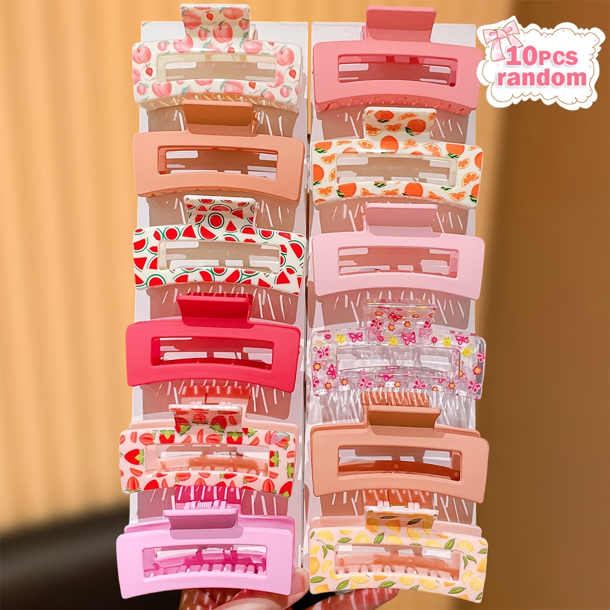 TEMU 5/10pcs Of Random Patterns, Random Colors, Dopamine Y2k Clip, Summer Flowers, Fruits And Solid Large Hair Claw Clip, Peach, Watermelon, Orange