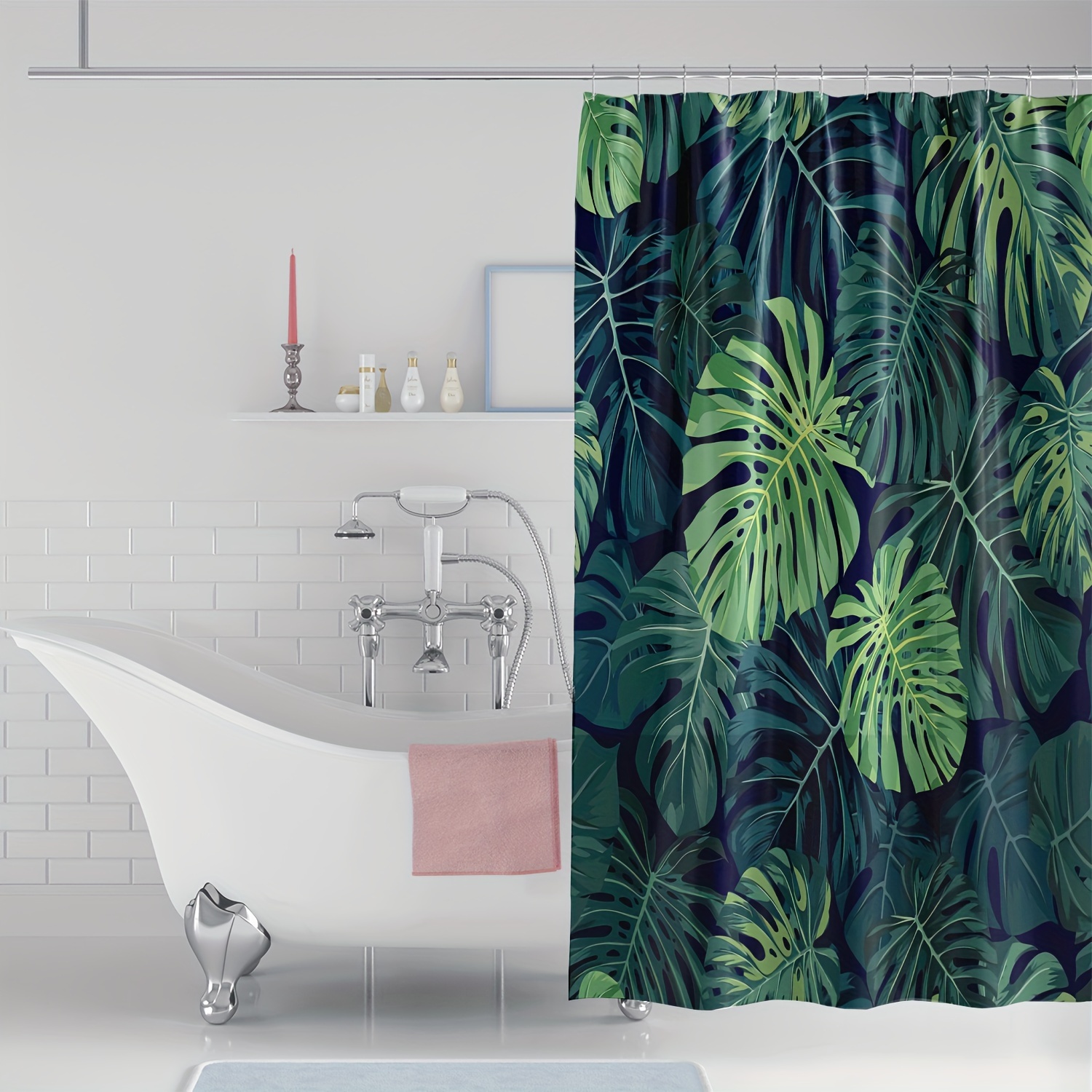

1pc Modern Tropical Monstera Leaves Greenery Digital Printed Shower Curtain, Waterproof, Mildew Resistant, Bathroom Decor