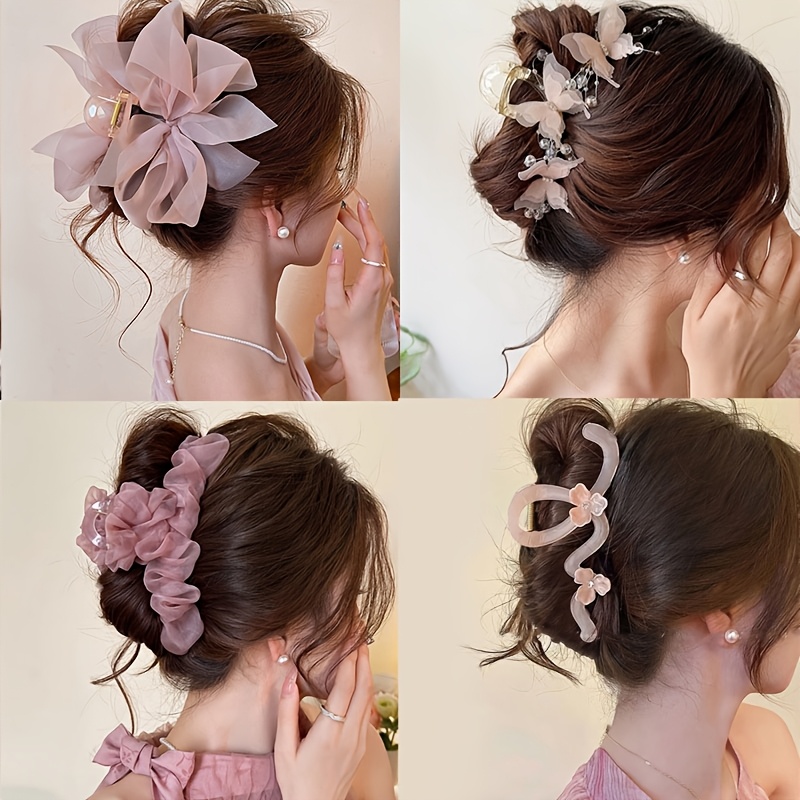 4pcs Pink Floral Hair Claw Clip Set, Chiffon Bow & Flower Shark Clips, Elegant Hair Accessories For Women: retailer-supplied image