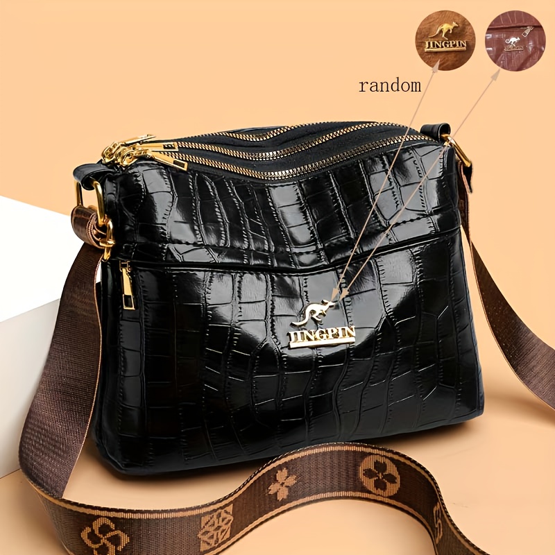 New Style Three-compartment Synthetic Leather Crocodile Embossed Adjustable Wide Shoulder Strap Crossbody Bag, Pattern Cut Is Random