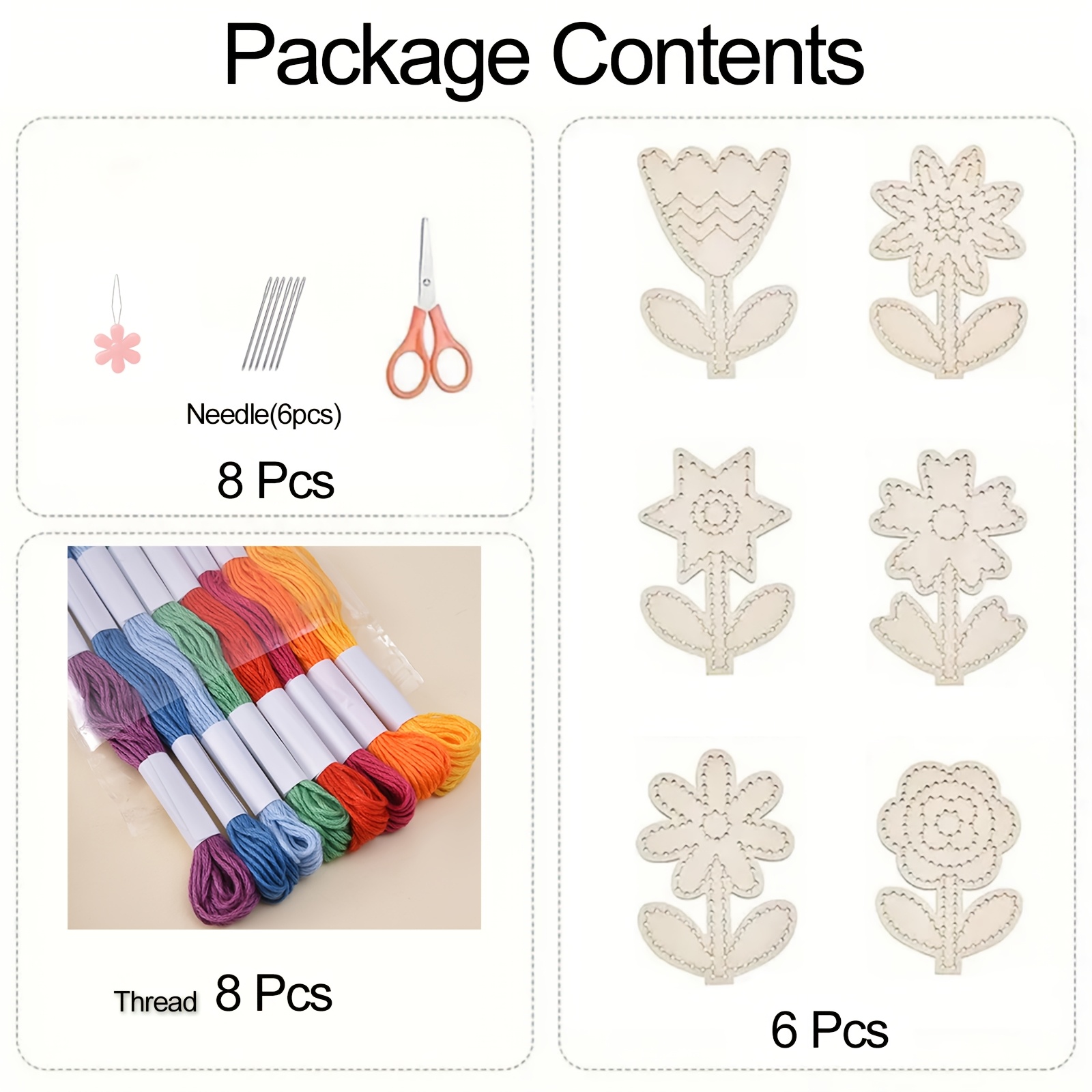 Image of 22pcs Flower Pattern Wooden Cross Stitch Kit | Includes 6 Wooden Boards, 8 Embroidery Threads, 1 Scissors, 6 Needles, Random Color Thimble | Creamy, Home Decor, Brand: Bikirin