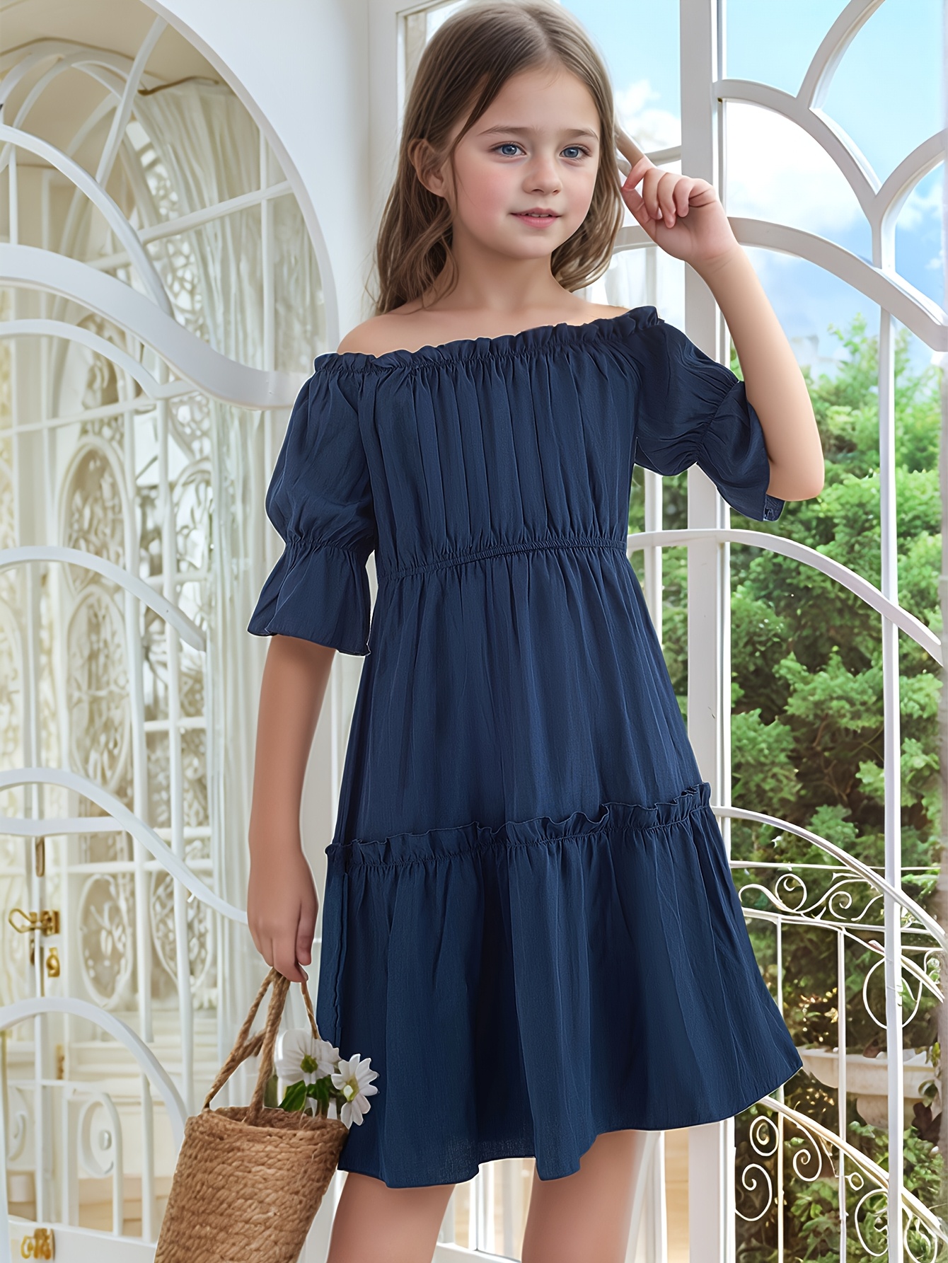 Girls' Spring And Summer Dress with Off-Shoulder * Sleeves And a Layered  Cake Design.