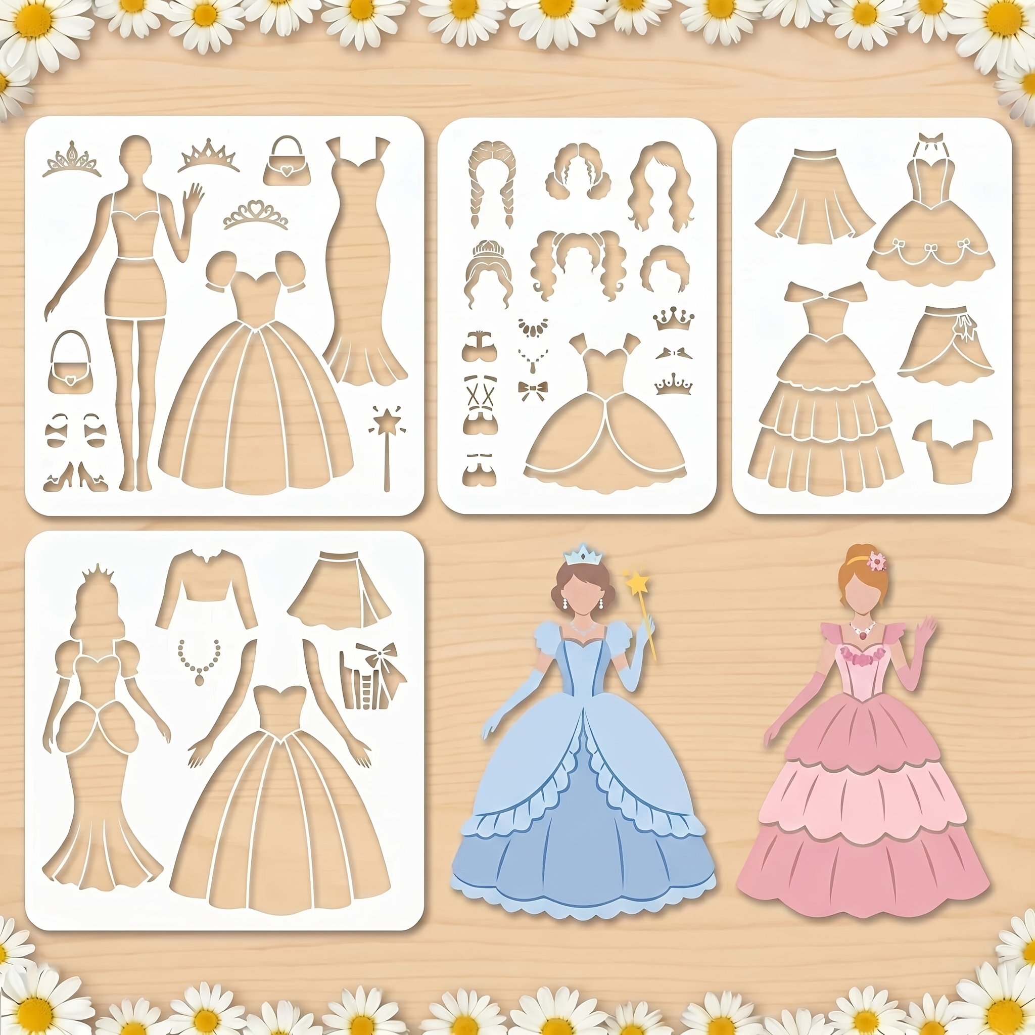 TEMU 4pcs Princess Dress-up Hollow Templates Set - Reusable, For Wall, Furniture, Canvas And Scrapbook Decoration Women' Dress Painting And Skirt