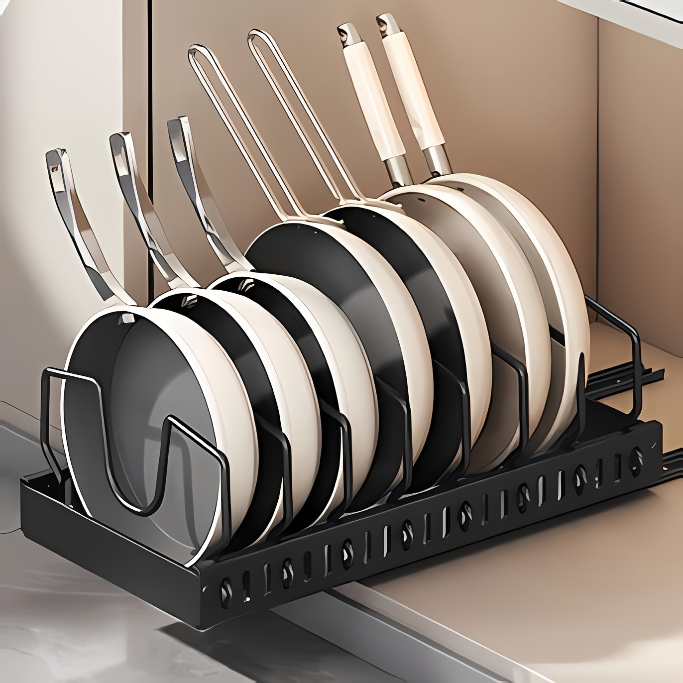 Image of Under-cabinet Pot And Pan Organizer, Sliding Lid Organizer For Cabinet, Pull-out Cabinet Organizer With 8 Adjustable Dividers, White
