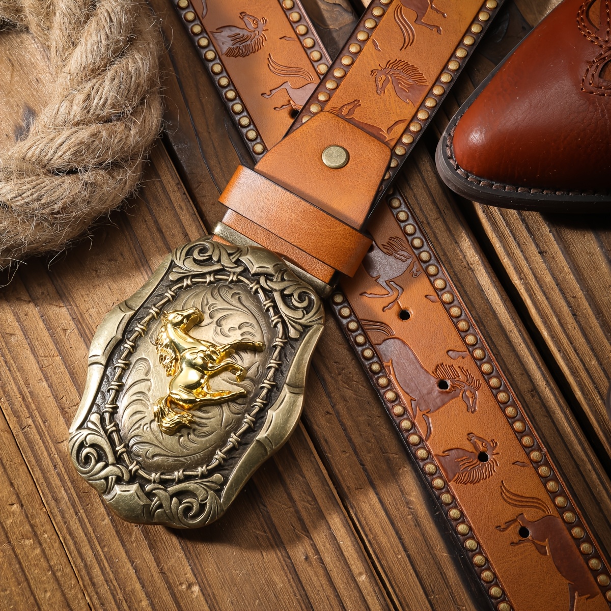 TEMU Western-style Cowboy Belt With Embossed Golden And Pu Embossing, Featuring Perforated Studs