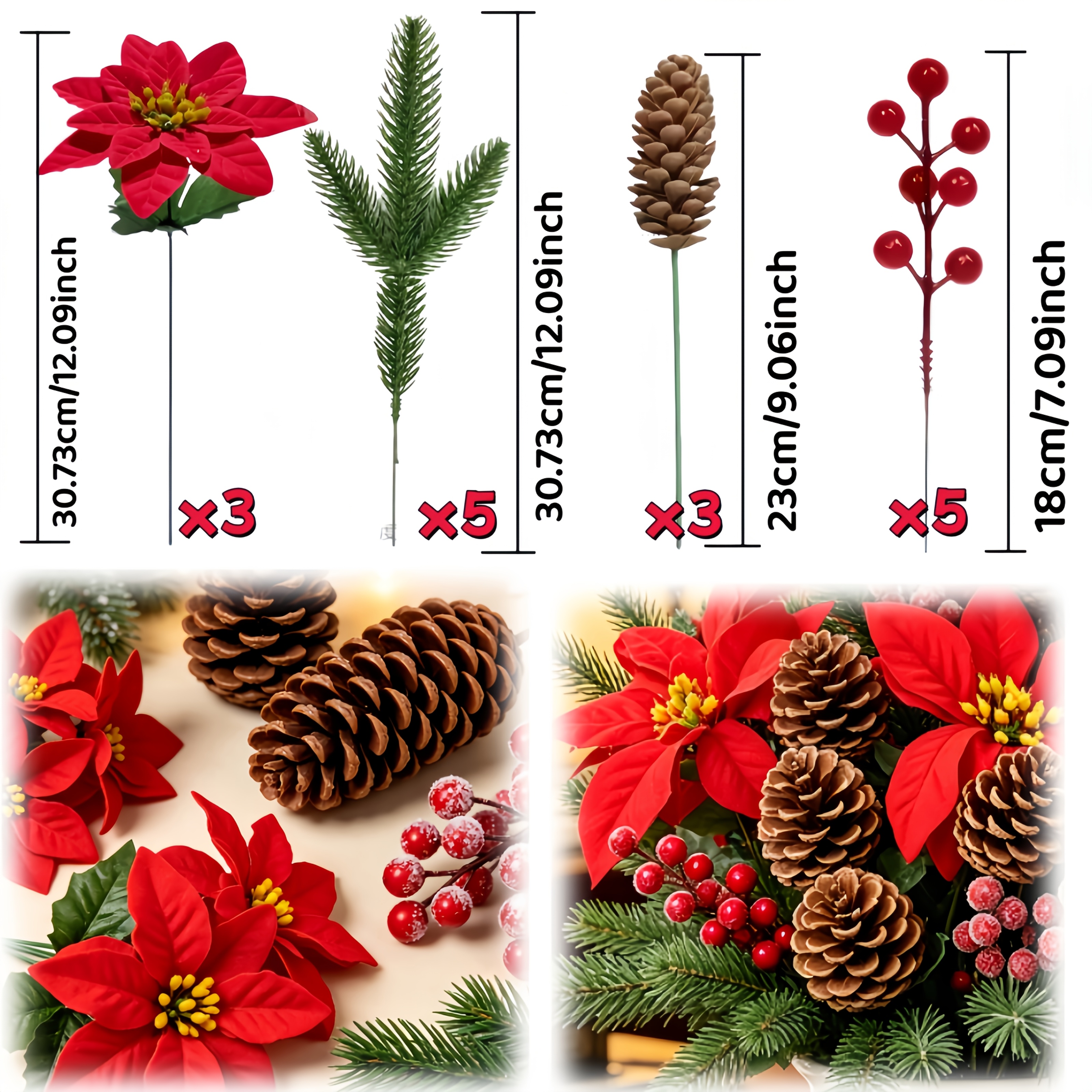 TEMU 16pcs Christmas Artificial Flowers Of Red, Pine Needles, Pinecones, And Red Berries, Classic Christmas Combination With Full Atmosphere, Durable