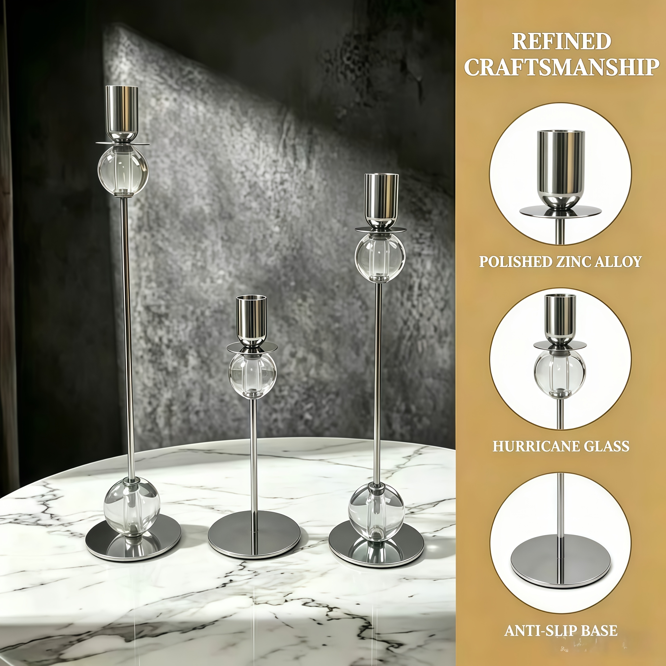 3pcs Crystal Taper Candle Holder - Silvery Metal Candlestick with Glass Ball, Modern Tall And Short Candle Holders for Wedding, Dining Room, Living Room, Home Decor, Wedding Table Centerpieces, Dining Table, Family Party Decorations