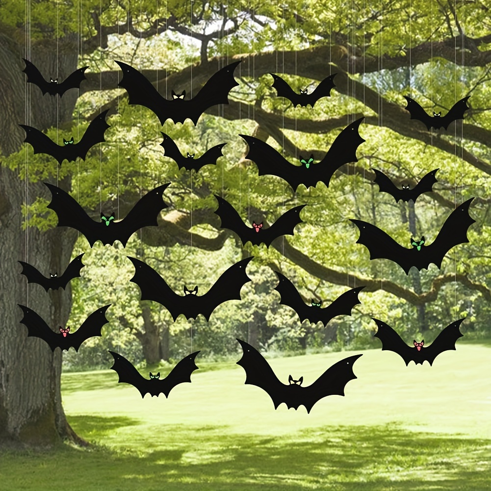 TEMU 12pcs Hanging Bats Halloween Decoration Outside, Large Flying Plastic Bats Outdoor Decor, 3 Sizes With Cute Eye Stickers For Hanging In , Porch,