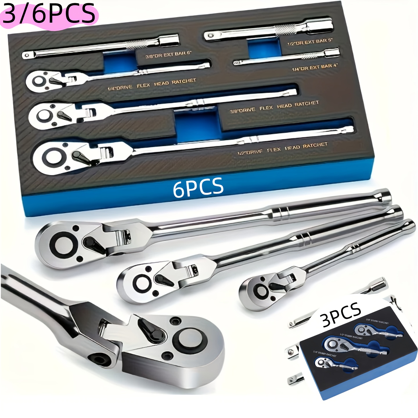 TEMU 3pcs/6pcs Trolley Head Wrench Set, 1/4", 3/8", 1/2" Drive, 72-tooth 180° Adjustable Quick Release Curved Handle Wrench With Eva Sponge Tool Set, Without Battery