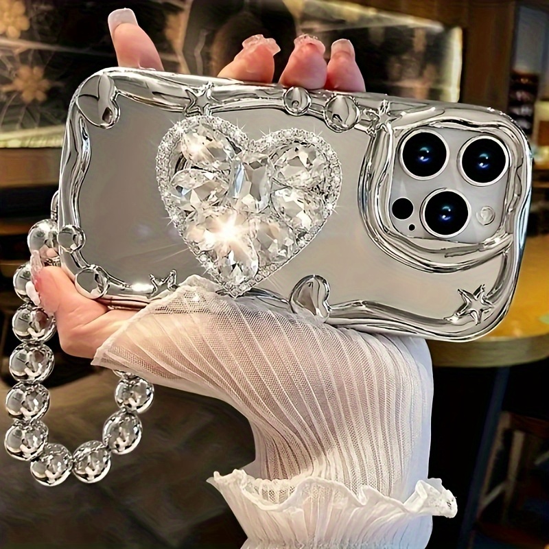 One Set Rhinestones Sparkling Heart-shaped Bracket for iPhone Electroplated Silver New Bracelet Phone Rope Phone Case Set - Image 8