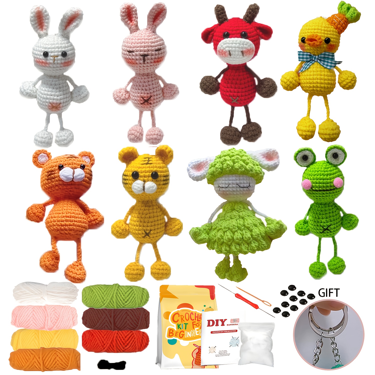 Image of 8pcs Crochet Animal Kit Easy Crochet Kit For Beginners Christmas Gifts For Learn To Crochet With Crochet Hooks, Yarn, Instructions Video, Crochet Set For Beginners