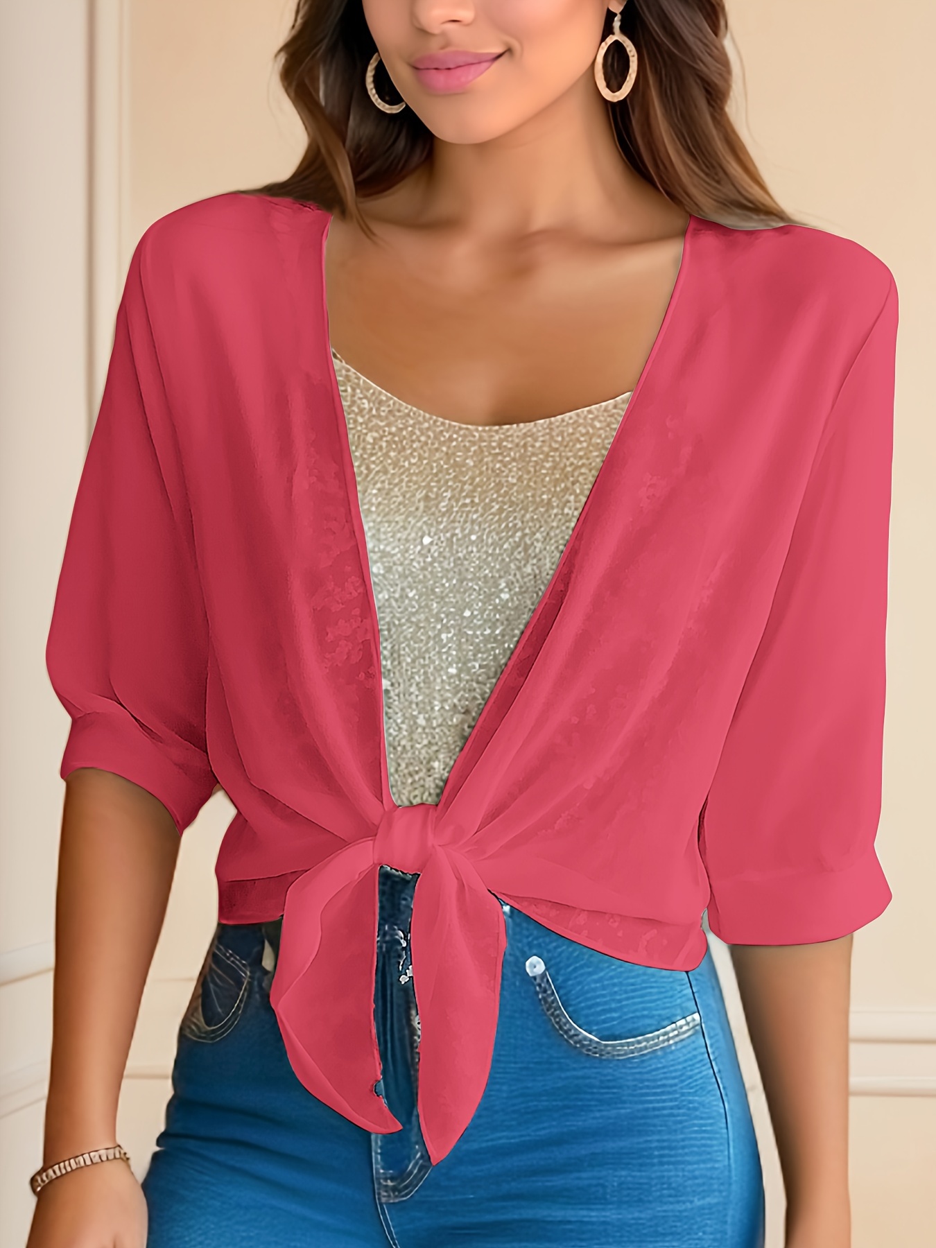 Women'S V-Neck Polyester Cardigan - Solid Color Half Sleeve Short Length with Lace-Up Detail, Non-Stretch Woven Fabric, Spring/Summer Lightweight Chiffon Sun-Protective Clothing