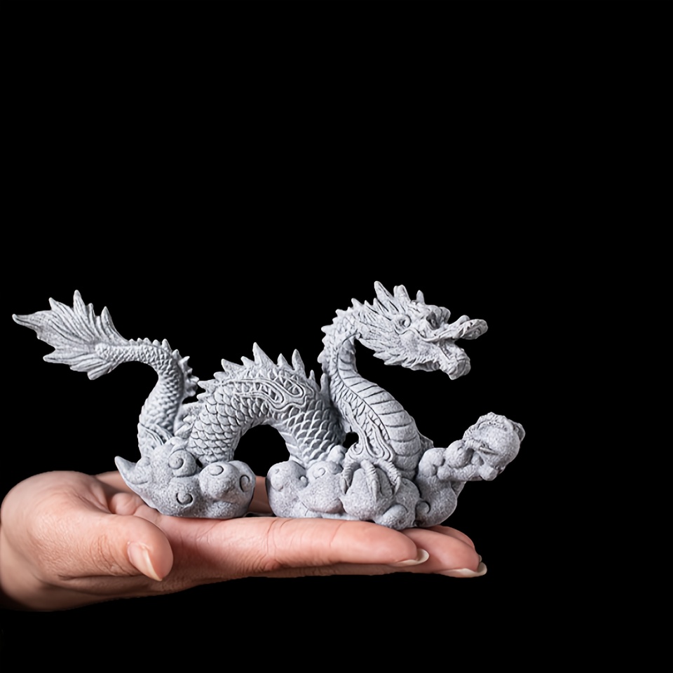 ドラゴン彫刻の石製硯箱 天然石サーペンティン龍彫刻[ドラゴン]玉持ち龍神 置物 運気