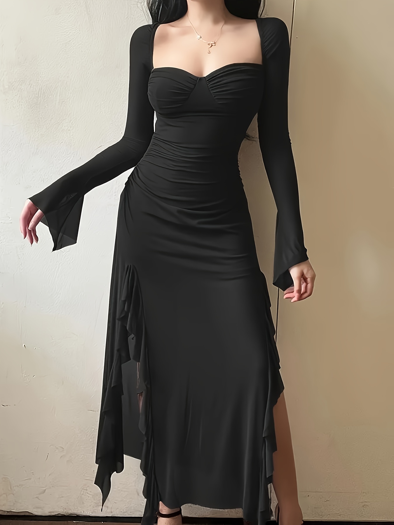 Women's Elegant Fit & Flare Square-Neck Dress with Flare Sleeves, Split  Thigh Detail & Ruched Mesh - * Bodycon Silhouette, Machine Washable,  Spring/Summer/Fall Versatile Wear, Fit And Flare Dress, ...
