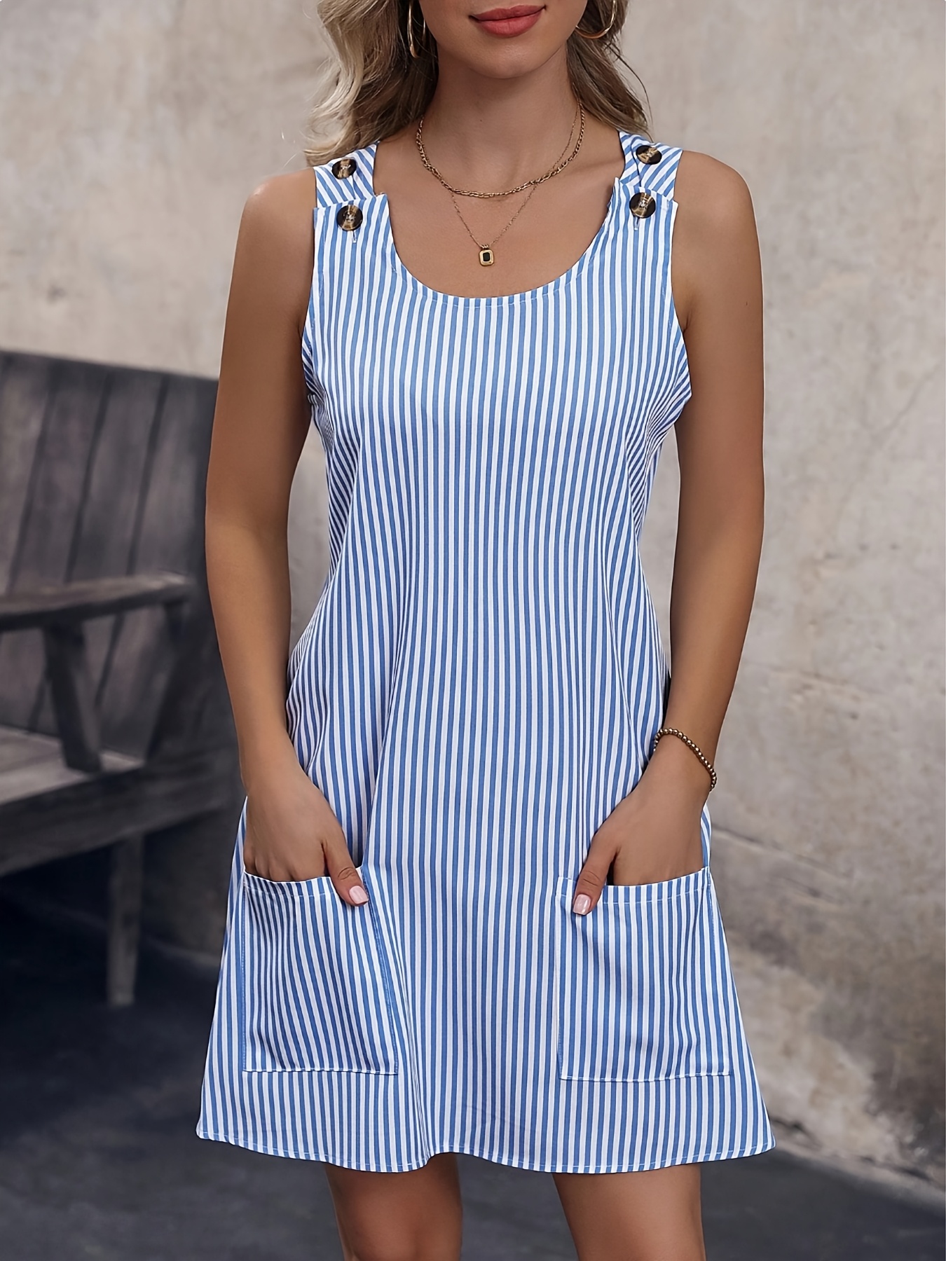 Elegant Sleeveless Striped Pinafore Dress | Crew Neck, Regular Fit * Pocket  Details