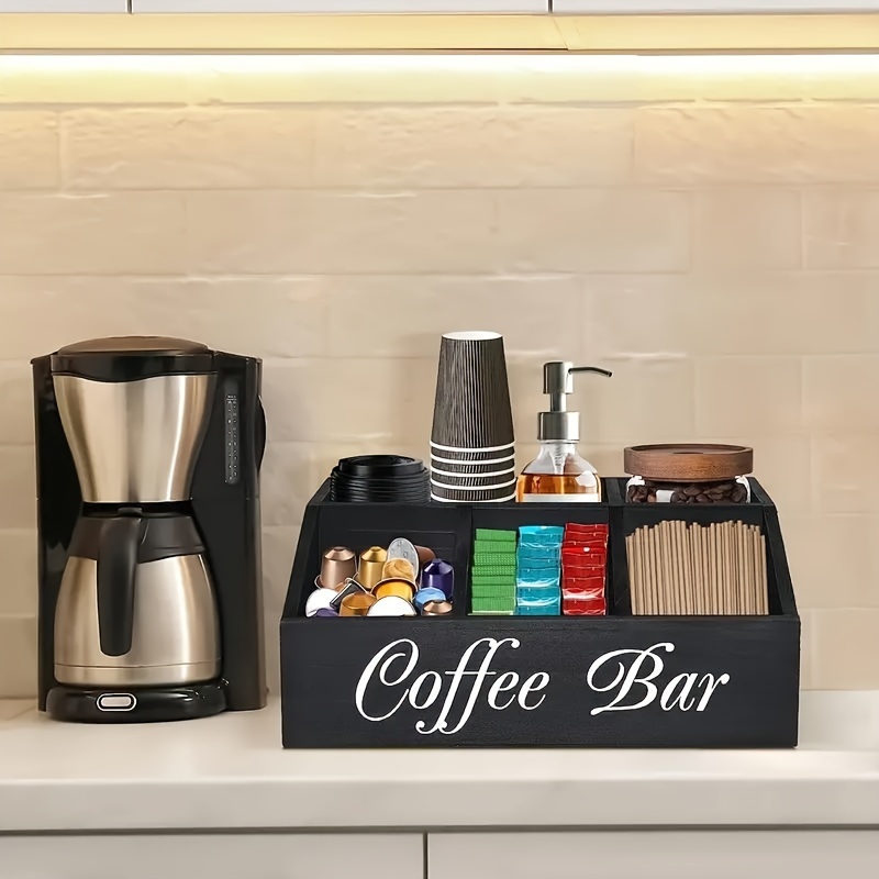 

1pc Wooden Coffee Station Organizer, Classic Style, Black Home Coffee Bar Caddy With "coffee Bar" Lettering, Multipurpose Kitchen Counter Storage Tray