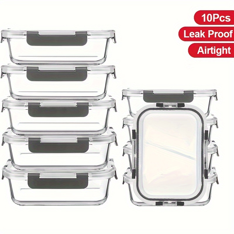 

10pcs Large Capacity Food Grade Glass Crisper Set, Reusable Food Storage Box With Lid, Suitable For Microwave, Refrigerator, Heating, Freezing, Storage, Pre-meal Preparation, Storage Container