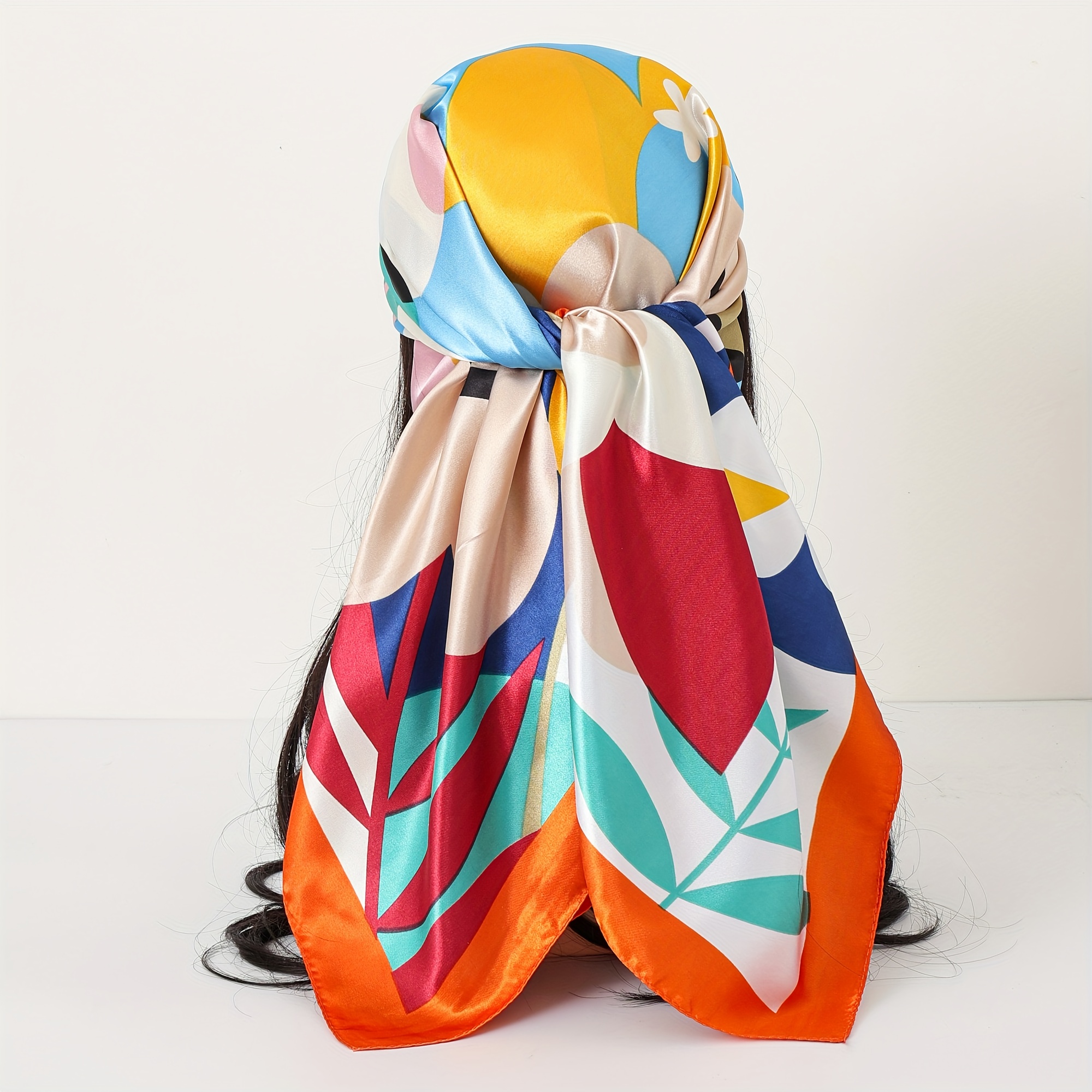 TEMU 90cm Printed Square Scarf, Western Classic Geometric Satin Scarf Women's Versatile Shawl Headscarf