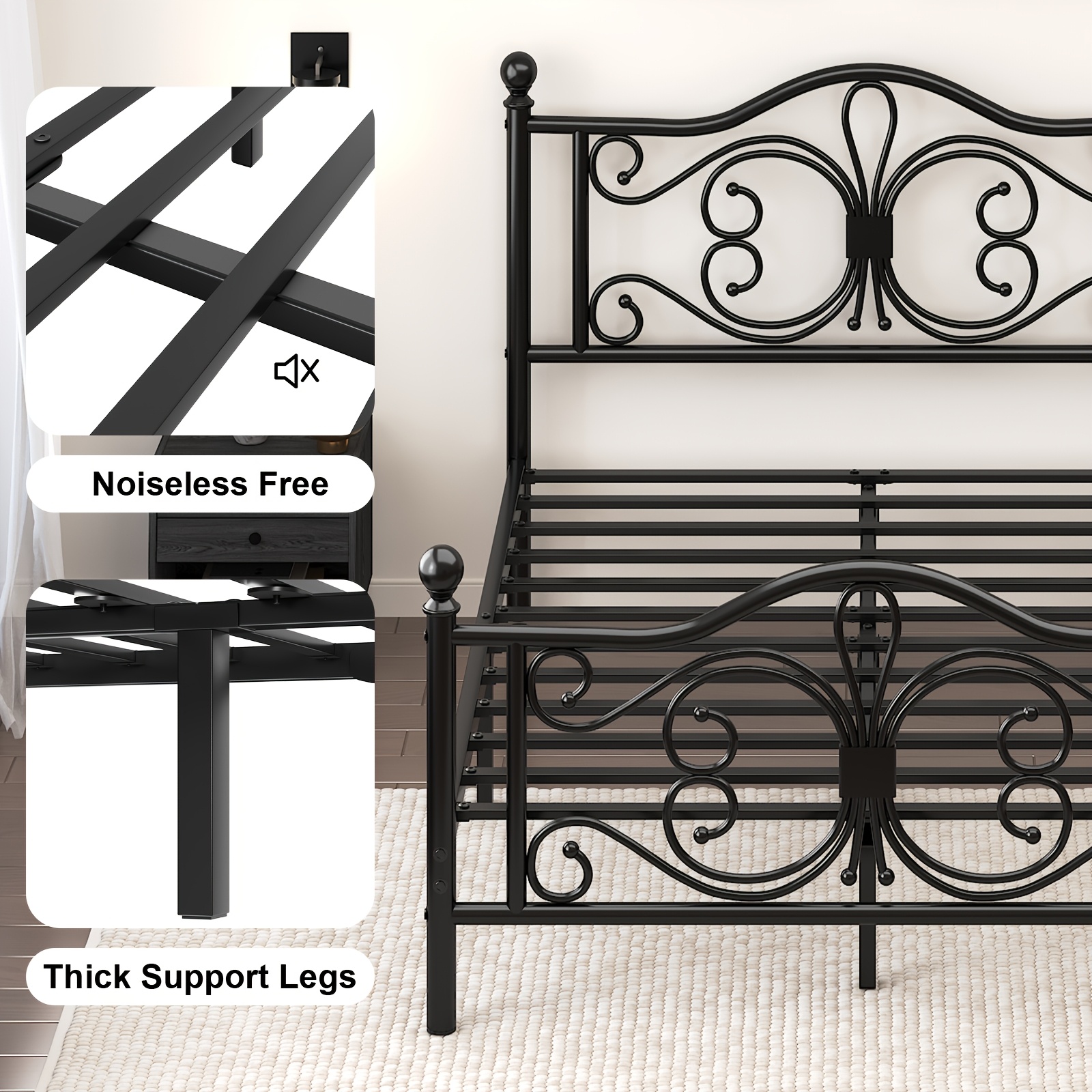 Bed Frame with Under-Bed Storage, Metal Platform Bed with Vintage Butterfly Pattern Headboard and Footboard, Twin/Full/Queen Size, No Box Spring Needed, Easy to Assemble, Noise-Free, Black/White