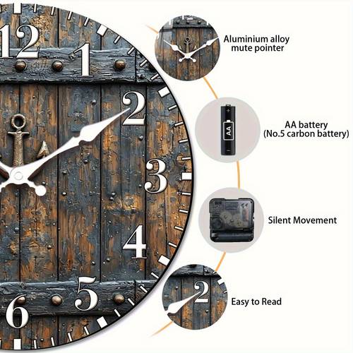 1 2d flache holz wanduhr, rustikale holztür quarzuhr mit ankerklopfknopf, runde uhr, wanduhr für schlafzimmer, zimmer, badezimmer, kreatives weihnachten, halloween, thanksgiving, geburtstag, neujahrsgeschenk