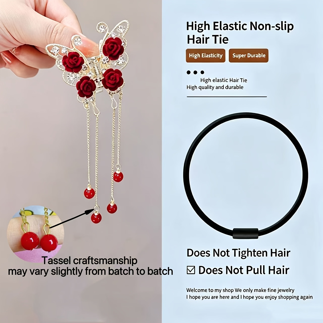 TEMU Ensemble 2 pièces [1 pince à cheveux à pompon papillon rose et 1 élastique à cheveux noir haute élasticité antidérapant] Pinces à mâchoire