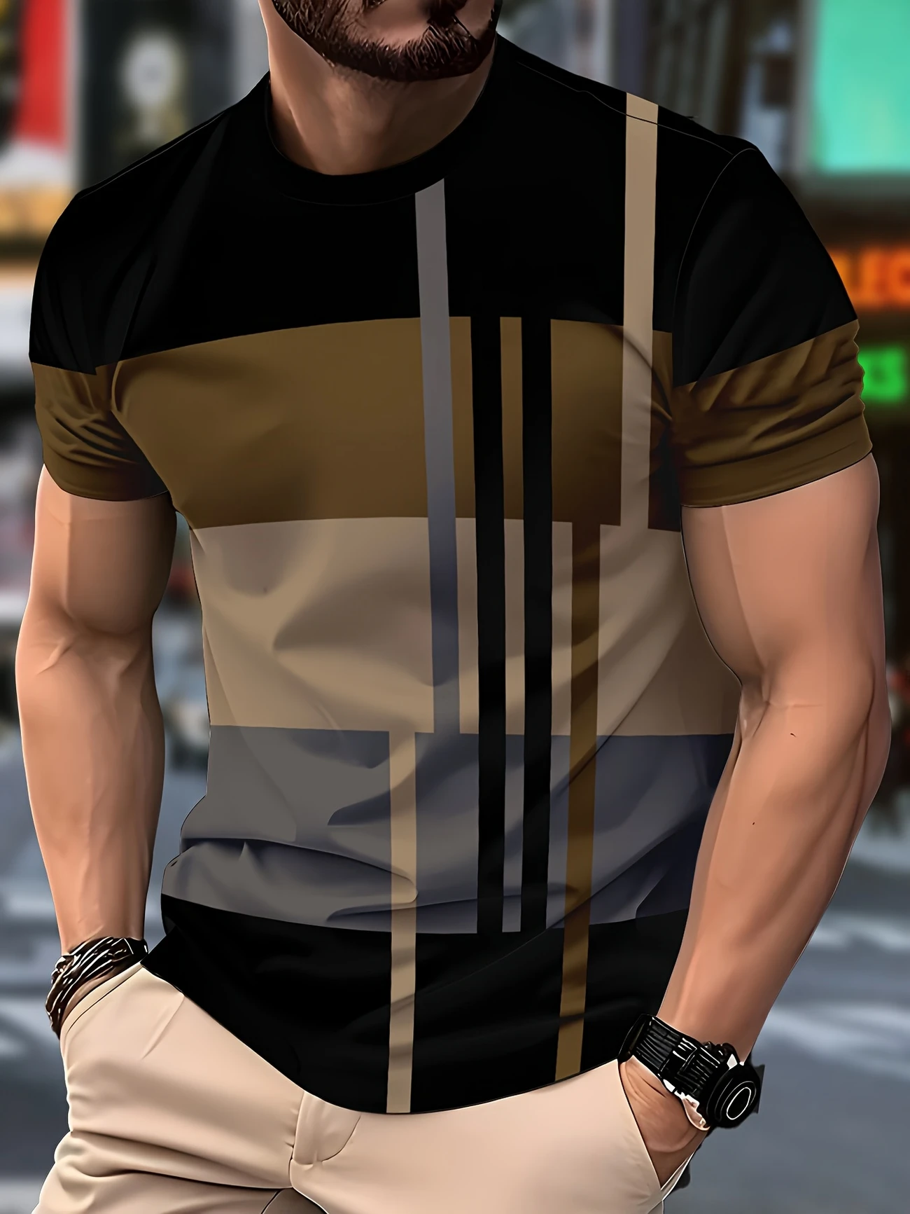 mens casual color block t shirt beige gray vertical round neck machine washable fit for casual attire details 1