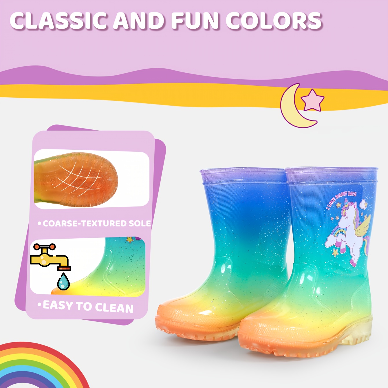 rainbow unicorn cartoon cute glitter baby girls rain shoes Temu