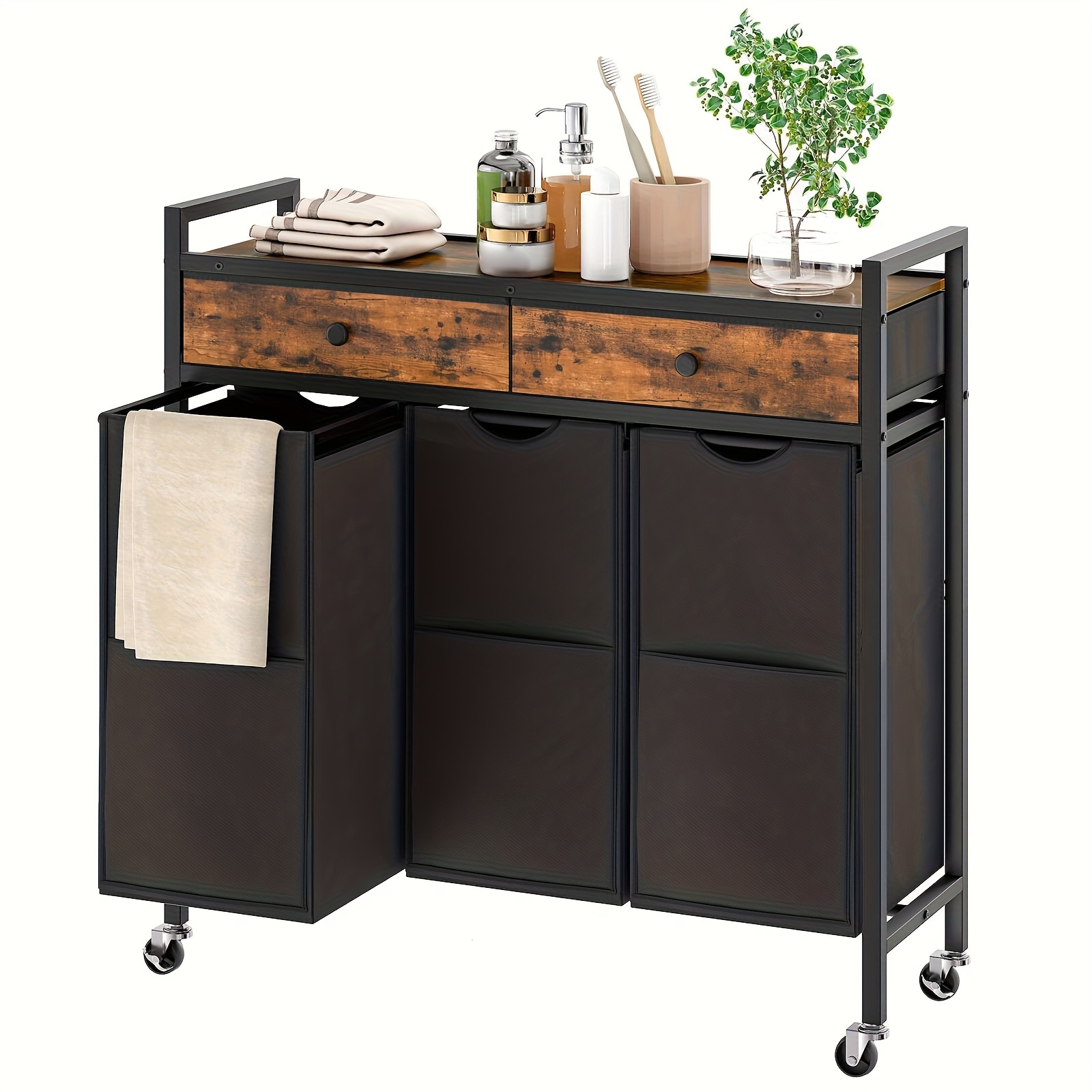 Rustic Brown And Black, Laundry Sorter 3 Section, Laundry Hamper With 2 Drawers, Pull-out Removable Oxford Fabric Laundry Bags, Laundry Basket, Laundry Room, Laundry Baskets